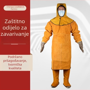 Zaštitni kombinezon za zavarivanje od teleće kože, otporan na plamen, izolacija topline, visoka temperatura izdržljivosti, razdijeljeni dizajn, četverodijelni set