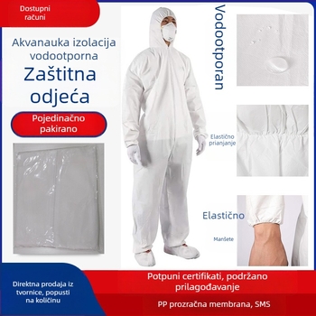 Prilagođeni jednokratni zaštitni kombinezon za proizvodne pogone prerade hrane i uzgoja stoke – vodootporan, otporan na prašinu i na ulje, bijela boja, jednodijelni