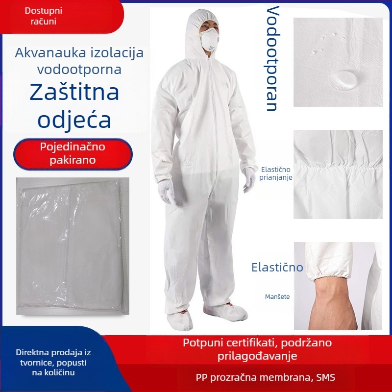 Prilagođeni jednokratni zaštitni kombinezon za proizvodne pogone prerade hrane i uzgoja stoke – vodootporan, otporan na prašinu i na ulje, bijela boja, jednodijelni