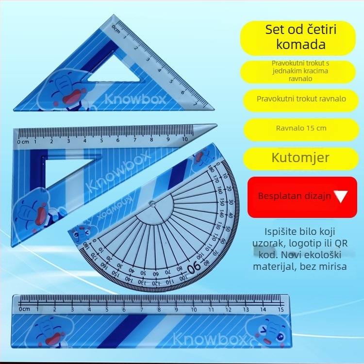 Prozirni plastični kutomjer i trokut, 15 cm pravilo, višebojna ispis — četverodijelni set mjernih alata