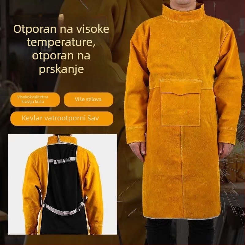 Zavarivački pregača od kravlje kože, otporna na visoke temperature, zaštita od prskanja i plamena, žuta