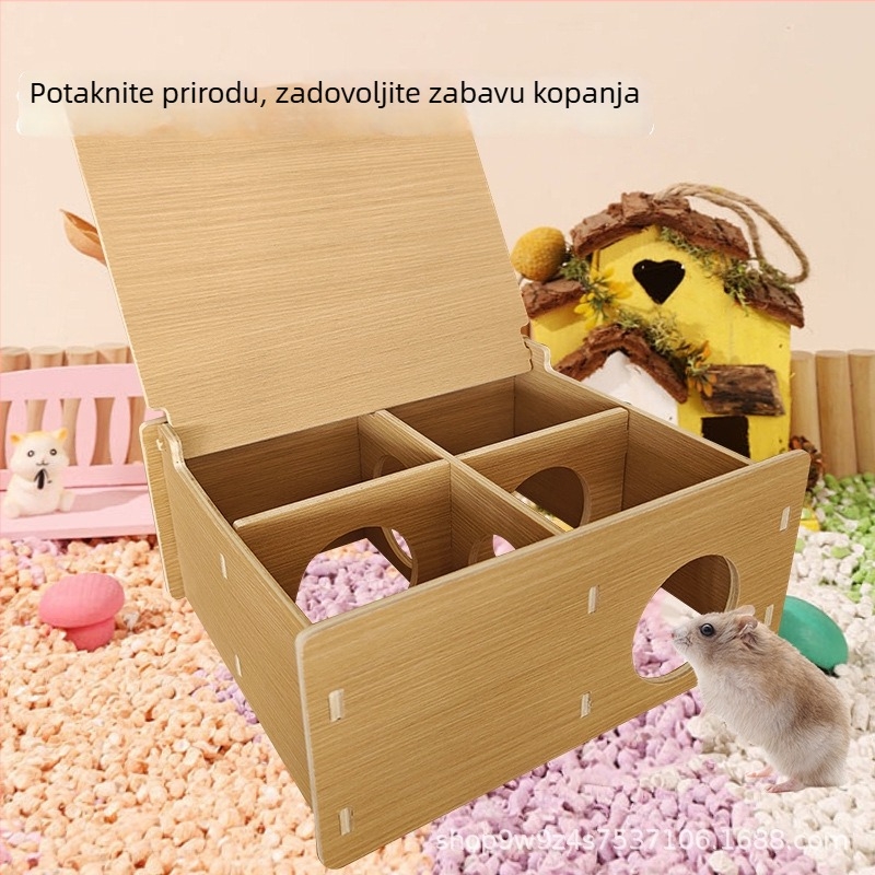 Drvena kućica za hamstera s platformom, skloništem i spavaćim gnijezdom, vodootporna i otporna na ugrize, sklopiva mala vila