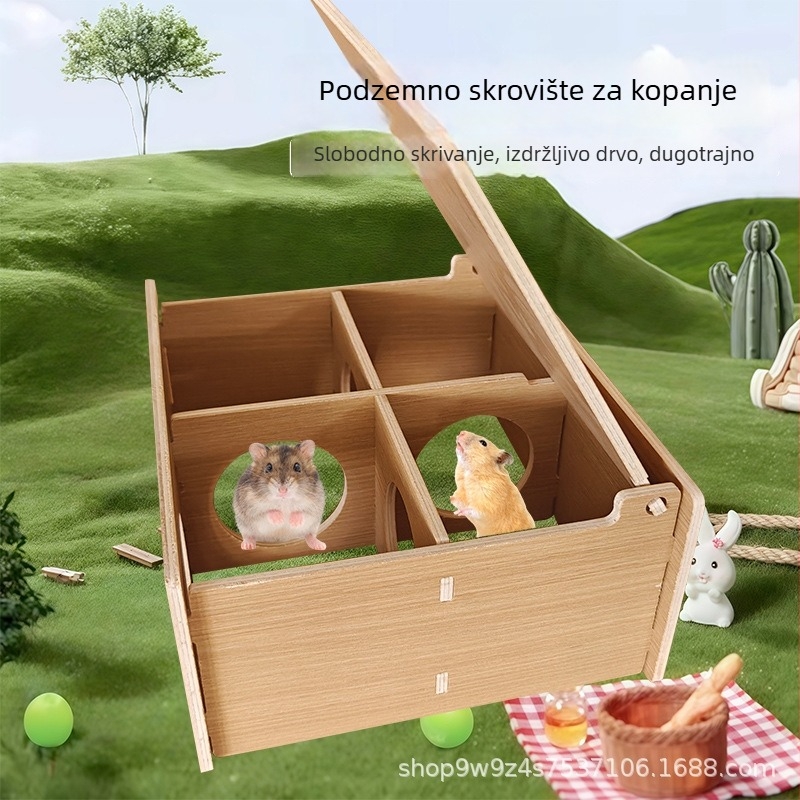 Drvena kućica za hamstera s platformom, skloništem i spavaćim gnijezdom, vodootporna i otporna na ugrize, sklopiva mala vila