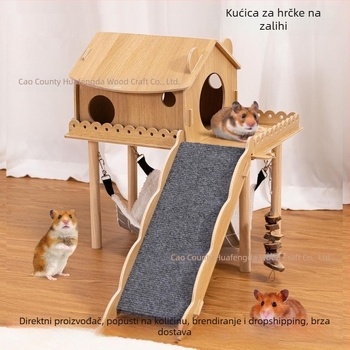 Drveno sklonište za hamstera za unutarnji kavez, s ljuljačkom, skloništem i kliznom dnom
