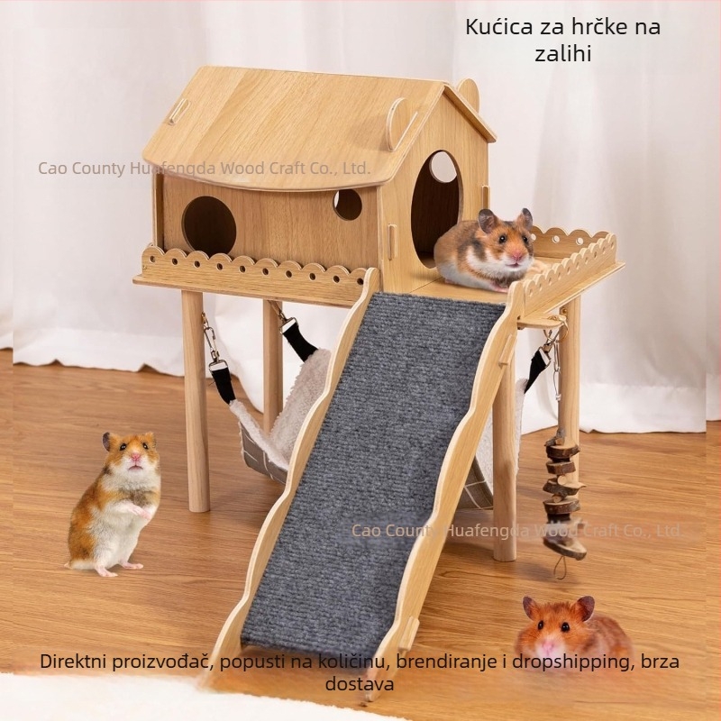 Drveno sklonište za hamstera za unutarnji kavez, s ljuljačkom, skloništem i kliznom dnom