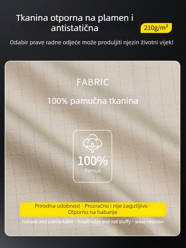 Prilagodljiv reflektirajući antistatijski radni komplet, ljetni lagani pamuk, izdržljivo zaštitno odijelo za zavarivače s protupožarnom zaštitom.