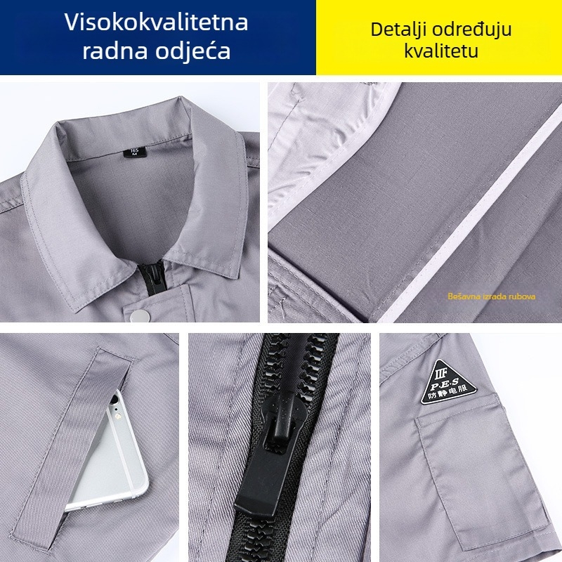 Antistatično ljetno lagano radno odijelo s kratkim rukavima za tvornice, unisex s izvezom