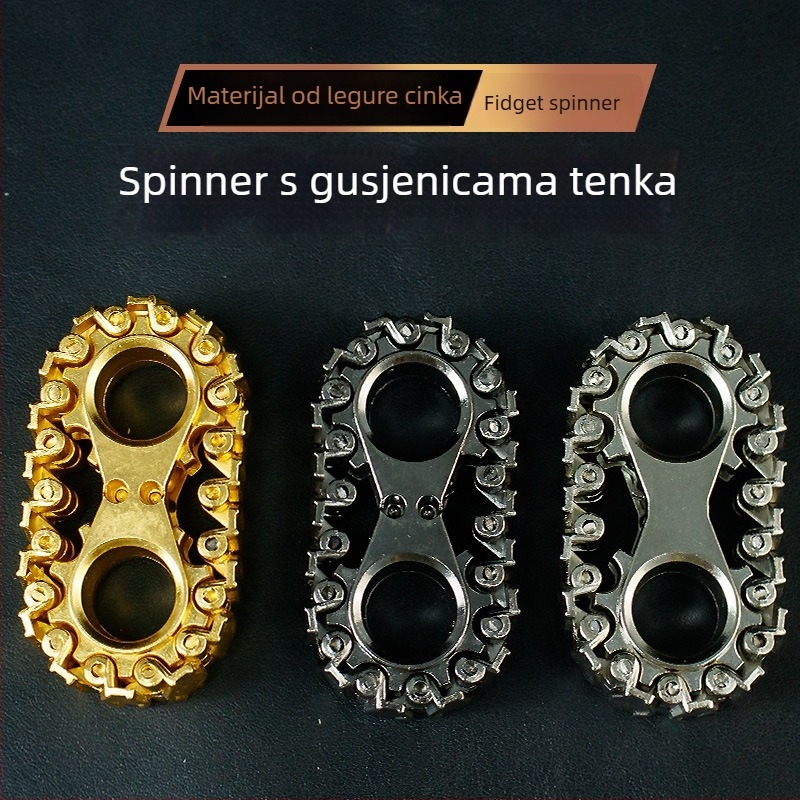 Fidget igračka s tenkovima gusjenicama i srebrnim flywheelom — mehanički uređaj za opuštanje stresa, ručna ručka s rotirajućim lančanim zupčanicima
