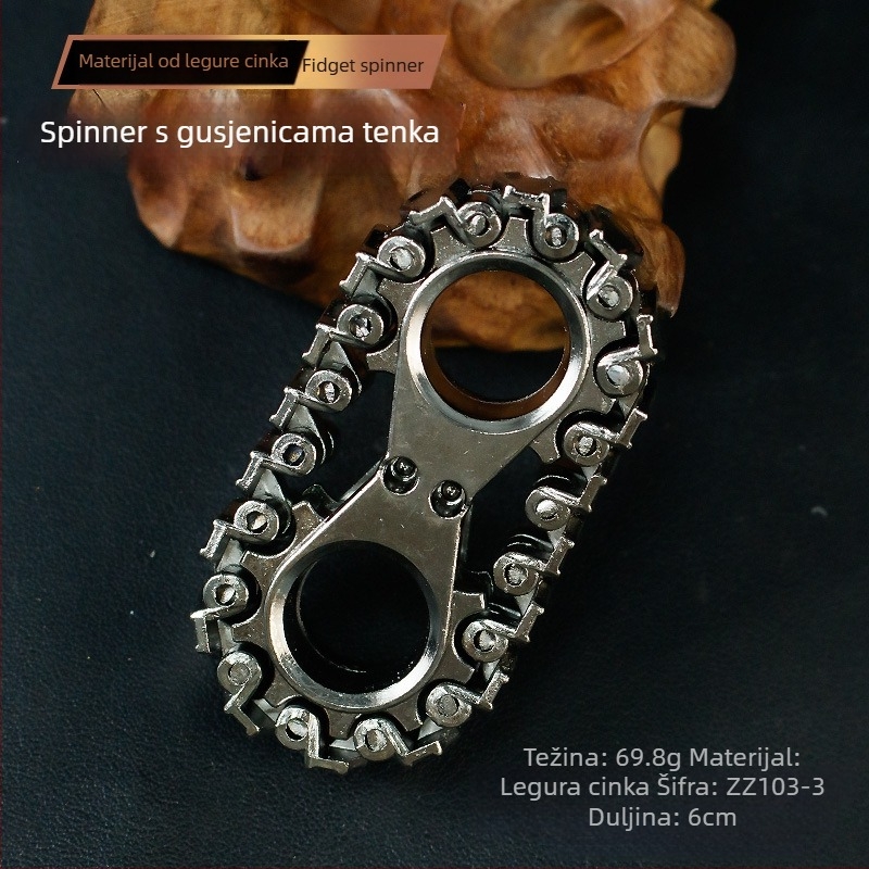 Fidget igračka s tenkovima gusjenicama i srebrnim flywheelom — mehanički uređaj za opuštanje stresa, ručna ručka s rotirajućim lančanim zupčanicima