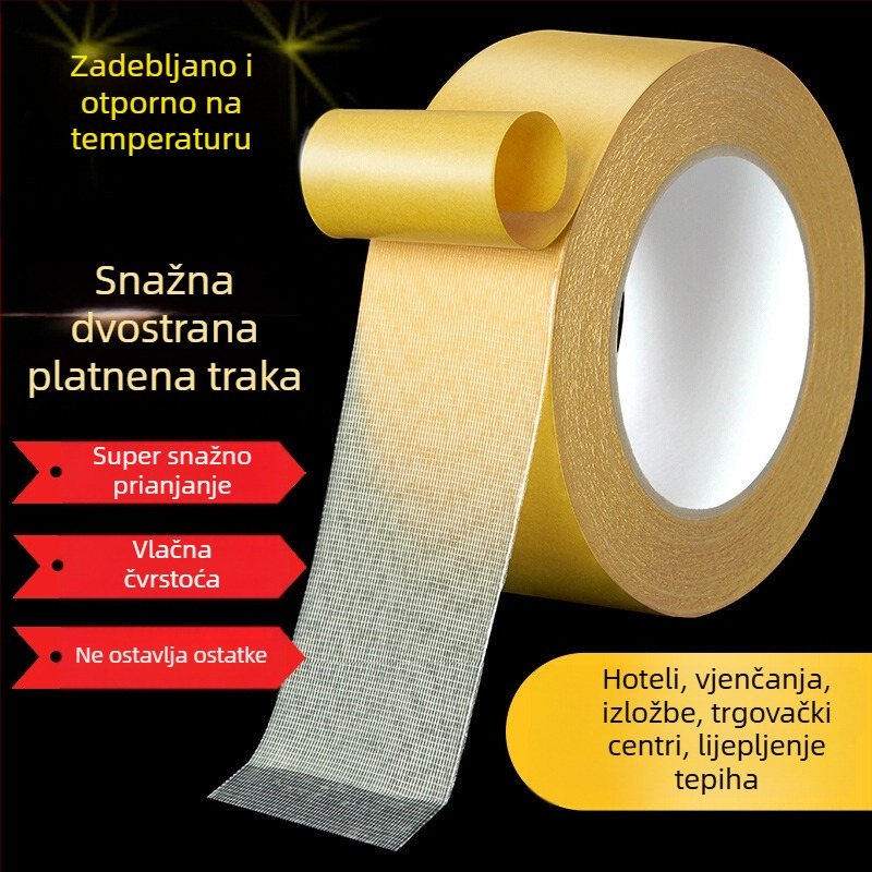Dvostruka ljepilna traka s tkaninskom podlogom, snažna prionjivost za pričvršćivanje na zidove, spajanje tepiha bez vidljivih šavova, pogodna za vjenčanja i izložbe, mreža balona