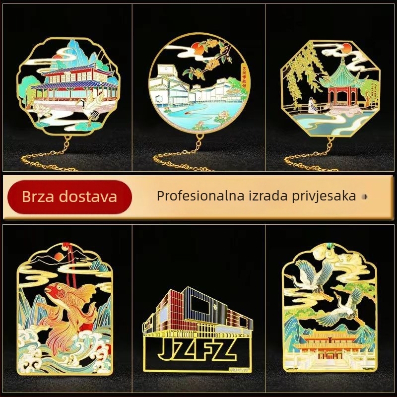 Metalna oznaka za knjigu s prilagođenim logom, kineski drevni prorezani dizajn, poklon paket za turističke atrakcije, škole i korporativnu kulturu