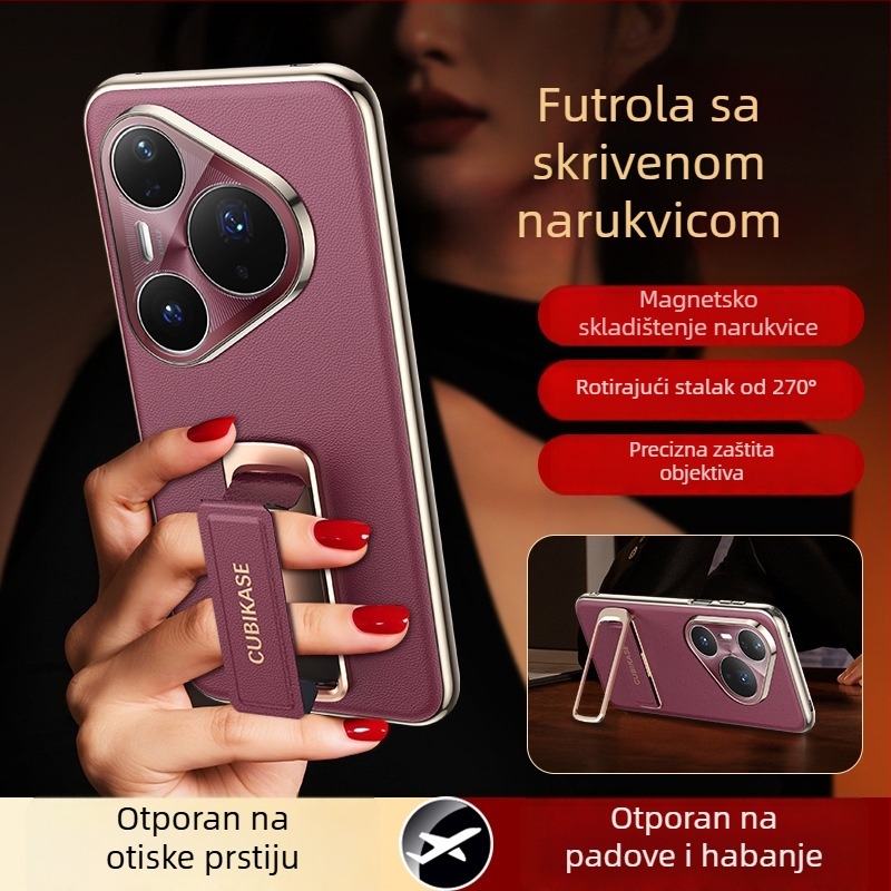 Huawei Pura80 Ultra futrola s remenom za zglob i okretljivim držačem — Napa koža, elektroplatirani završni sloj