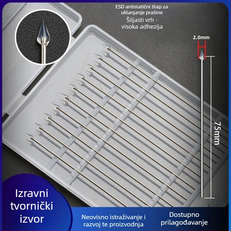 Pribor za uklanjanje prašine s oštrim vrhom i viskozno ljepilom — drška od nehrđajućeg čelika, antistatijska, bez ostataka; za elektroniku, čip modulima, leće i kamere.