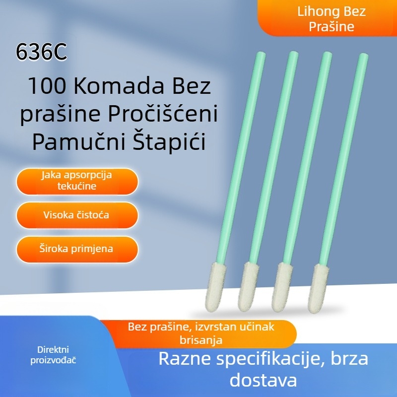 636C Bez prašine – štapić za čišćenje od pamuka s platnenom glavom, okrugli vrh, anti-statičko čišćenje površina