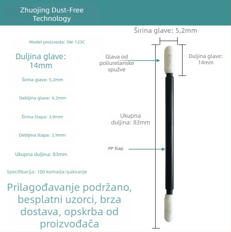 Antistatni dvostrani štapić za čišćenje s spužvastim završecima SW-123C, crna šipka, sterilno precizno čišćenje