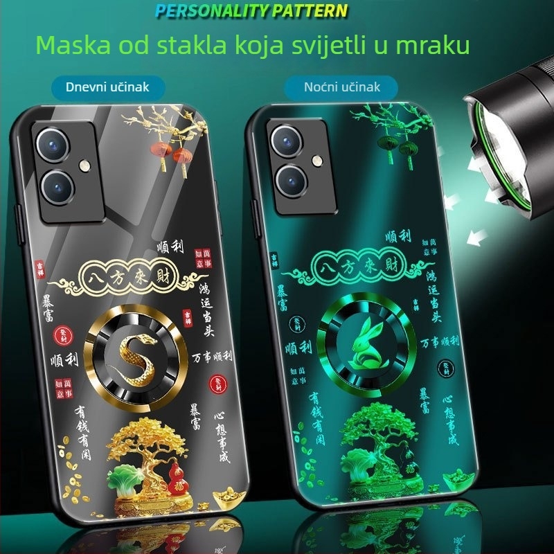 Staklena zaštitna maska za Vivo Y33S, s mat završetkom, svjetleći efekt u mraku, dizajn po zodijaku, kineski stil, potpuna zaštita od padova