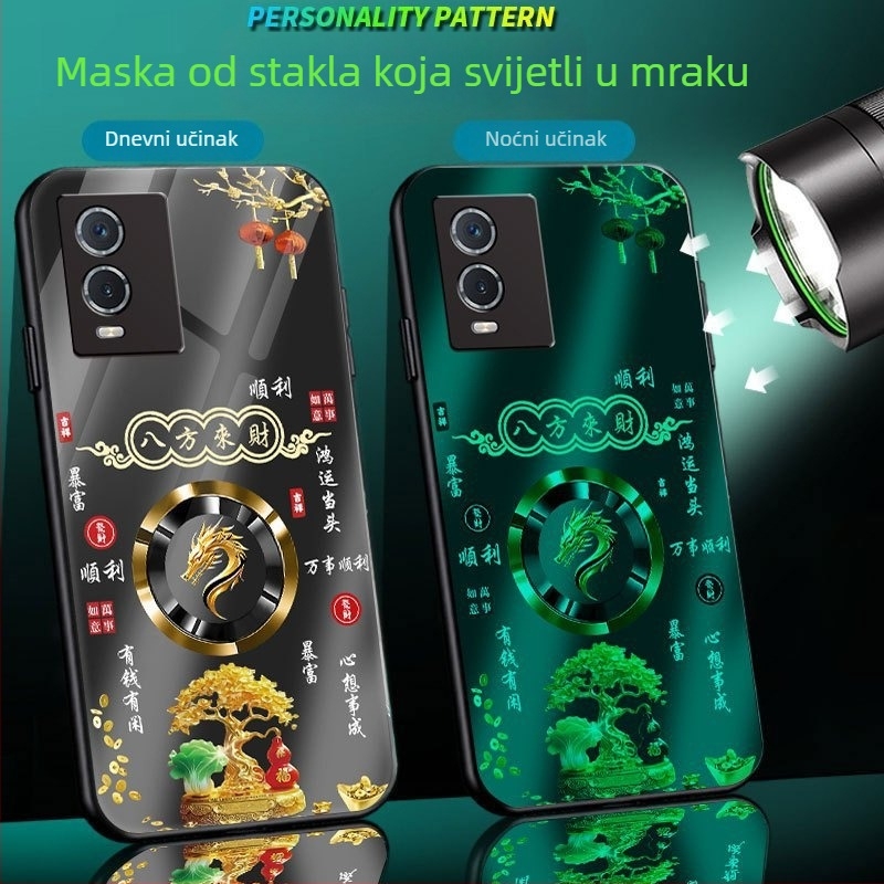 Staklena zaštitna maska za Vivo Y33S, s mat završetkom, svjetleći efekt u mraku, dizajn po zodijaku, kineski stil, potpuna zaštita od padova