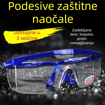 Zaštitne naočale protiv prašine, zamagljivanje i prskanja; prozirne leće, prozračan dizajn, podesive noge, plavi okvir.
