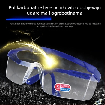 Zaštitne naočale protiv prašine, zamagljivanje i prskanja; prozirne leće, prozračan dizajn, podesive noge, plavi okvir.
