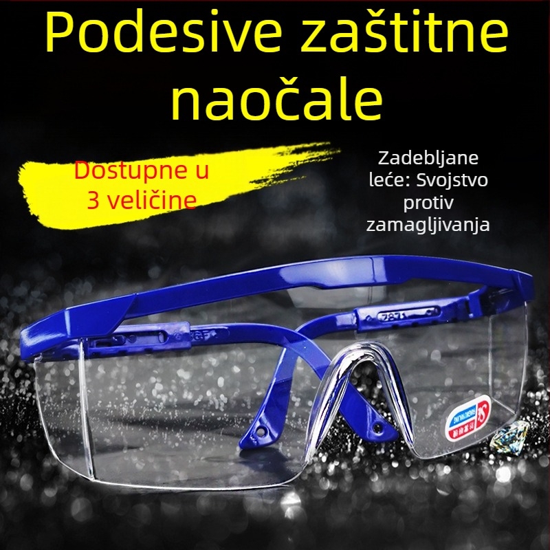 Zaštitne naočale protiv prašine, zamagljivanje i prskanja; prozirne leće, prozračan dizajn, podesive noge, plavi okvir.