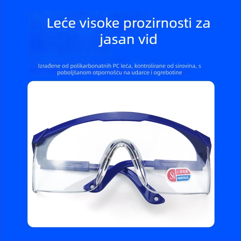 Zaštitne naočale protiv prašine, zamagljivanje i prskanja; prozirne leće, prozračan dizajn, podesive noge, plavi okvir.