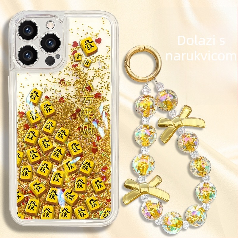 Kućište za telefon s dizajnom Mahjong u crveno-zlatnoj boji, efekt tekućeg pijeska i sjaja, kompatibilno s iPhone 17, iPhone 16/15 Pro, narukvica stil za iPhone 14, popularni model za iPhone 13
