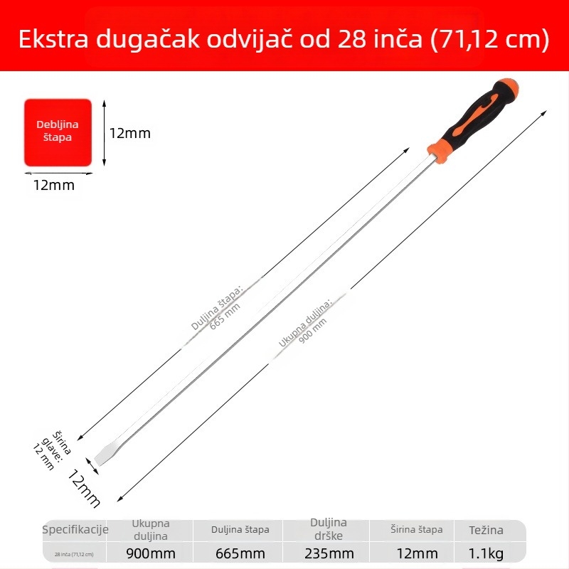 Ekstra dugi odvijač s ravnom glavom i produženim vratom, vojničkog stila