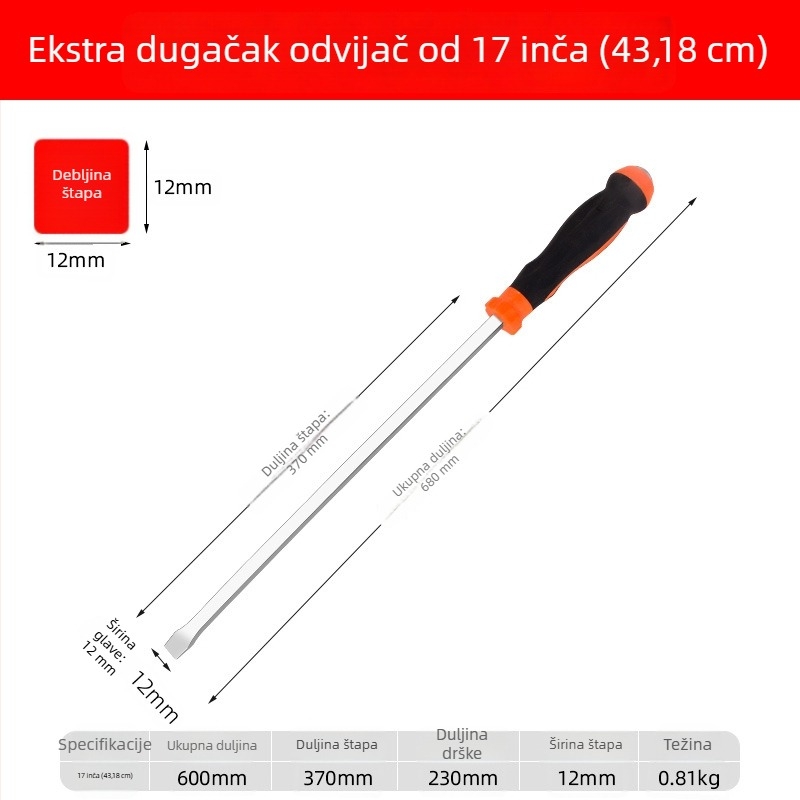 Ekstra dugi odvijač s ravnom glavom i produženim vratom, vojničkog stila