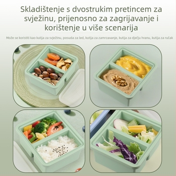 Kutija za ručak s dvije odjeljke i poklopcem, pogodna za zagrijavanje i zamrzavanje, silikon prehrambene kvalitete