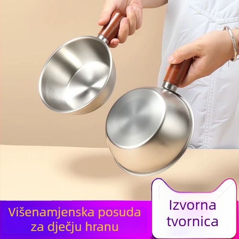 Nerđajući čelik koreanskog stila zdjela za jednu osobu s drvenom ručkom, okrugla velika zdjela, višefunkcionalna posuda