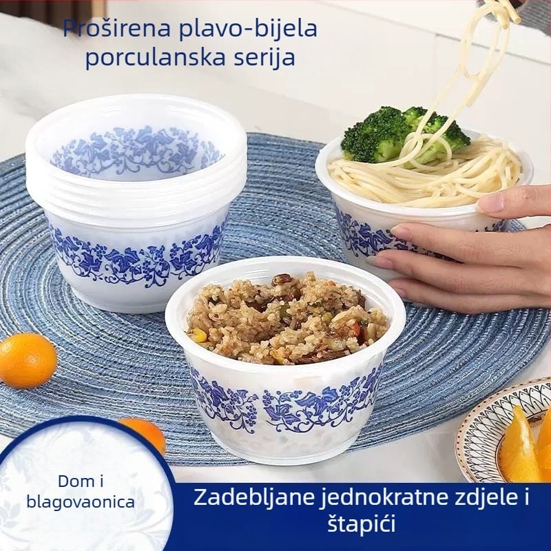 Jednokratna plastična zdjela s plavo-bijelim dizajnom, okrugla zdjela za jelo, pogodna za vjenčanske bankete, kućnu upotrebu i proslavu useljavanja, deblja i otporna na visoke temperature