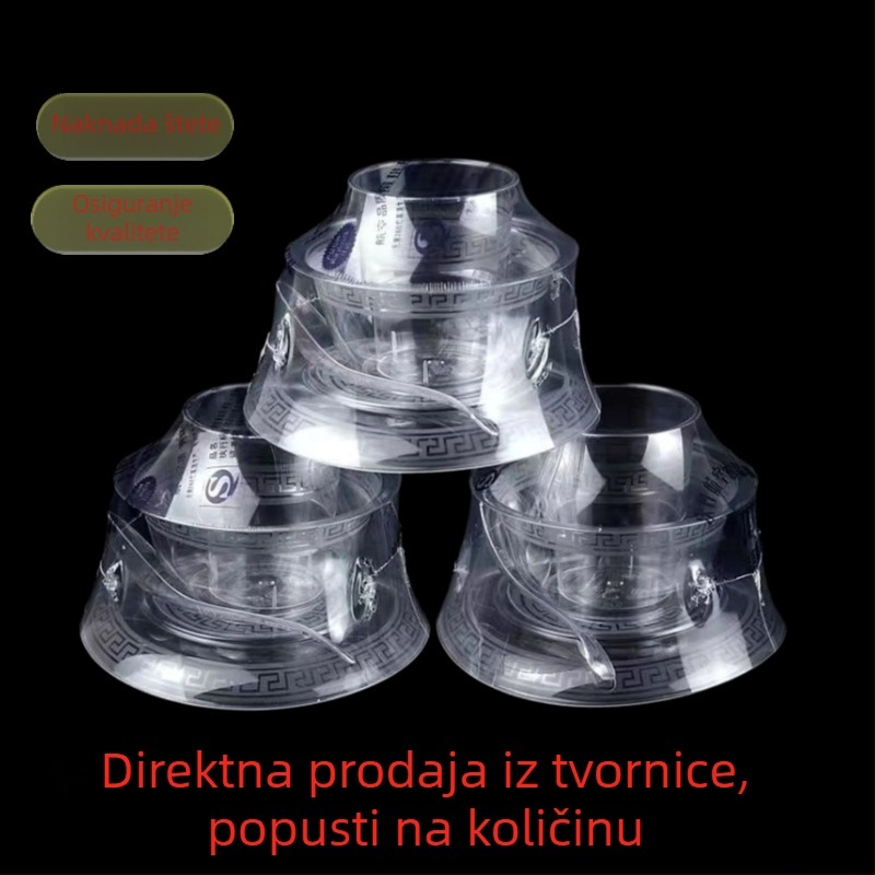 Jednokratni četverodijelni set posuđa: zdjele, tanjuri, šalice i žlice; proziran, pojedinačno pakiran, visoke kvalitete hrane.