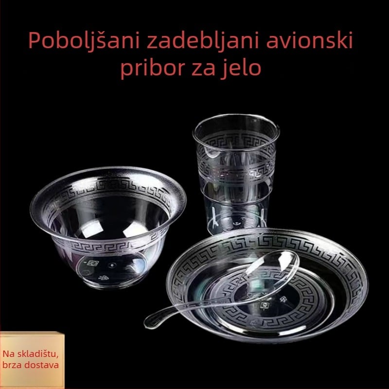 Jednokratni četverodijelni set posuđa: zdjele, tanjuri, šalice i žlice; proziran, pojedinačno pakiran, visoke kvalitete hrane.