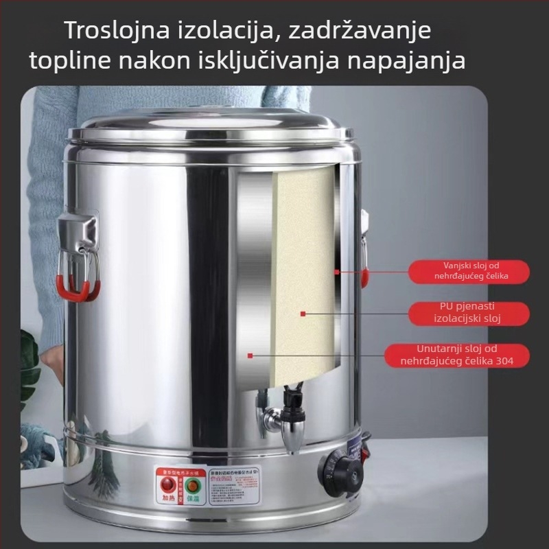 Lonac od nehrđajućeg čelika s električnim grijanjem i dvostrukom izolacijom, velika kapaciteta za komercijalnu upotrebu – kaša, rezanci i juhe