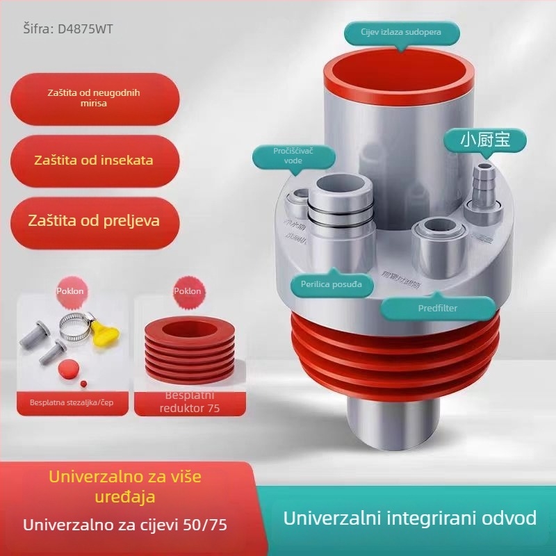 Kuhinjski odvodni cijev s pet izlaza, protiv mirisa, višefunkcijski pretfilter i trostruki spoj za čistu vodu i perilicu posuđa