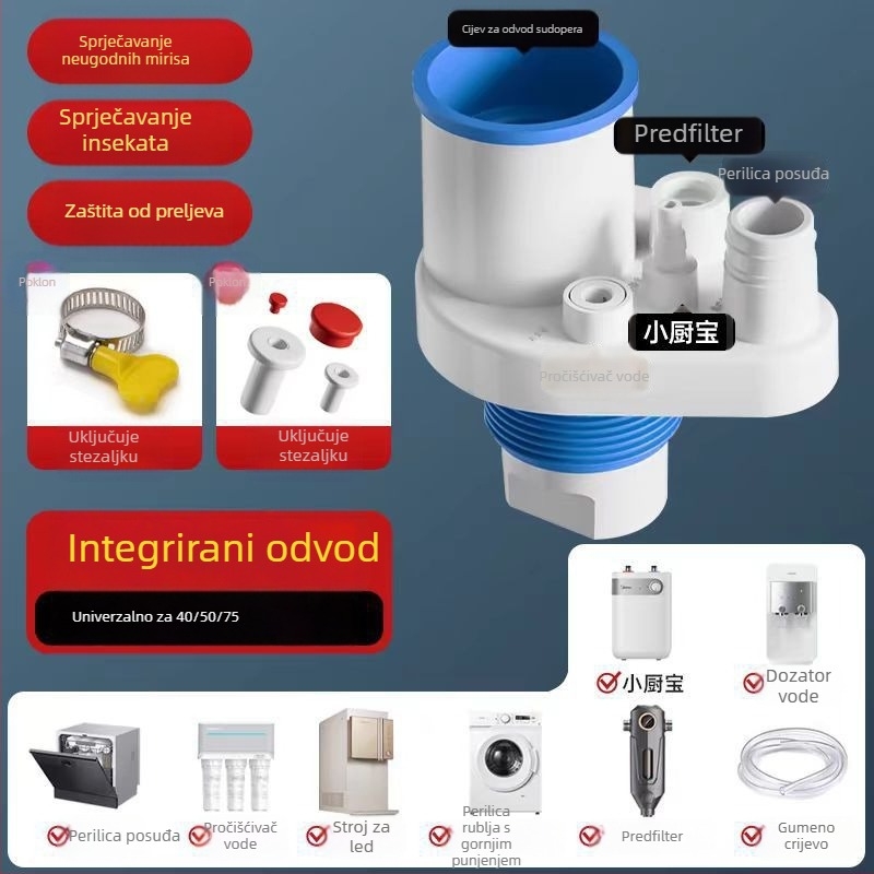 Kuhinjski odvodni cijev s pet izlaza, protiv mirisa, višefunkcijski pretfilter i trostruki spoj za čistu vodu i perilicu posuđa