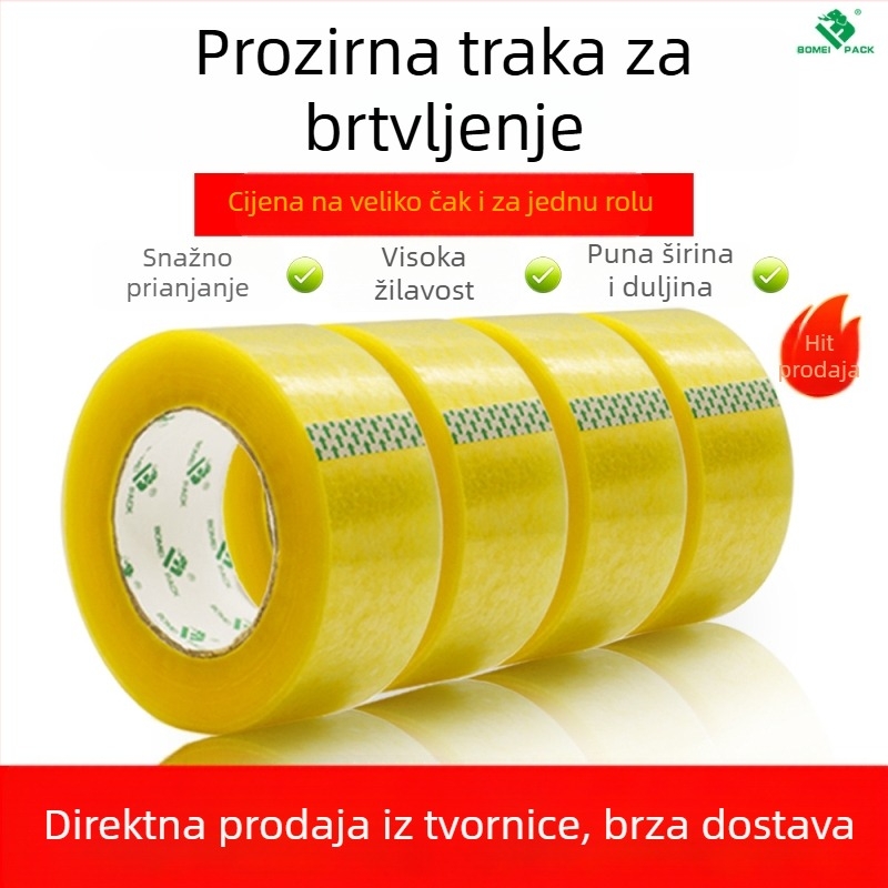 Bomeipack Prozirna ambalažna traka, 50 µm debljine, BOPP film, Ljepljiva traka za logistiku i ured, Širina 4.5–6 cm, Duljina 60–200 m, Prozirno bijela ili Prozirno žuta