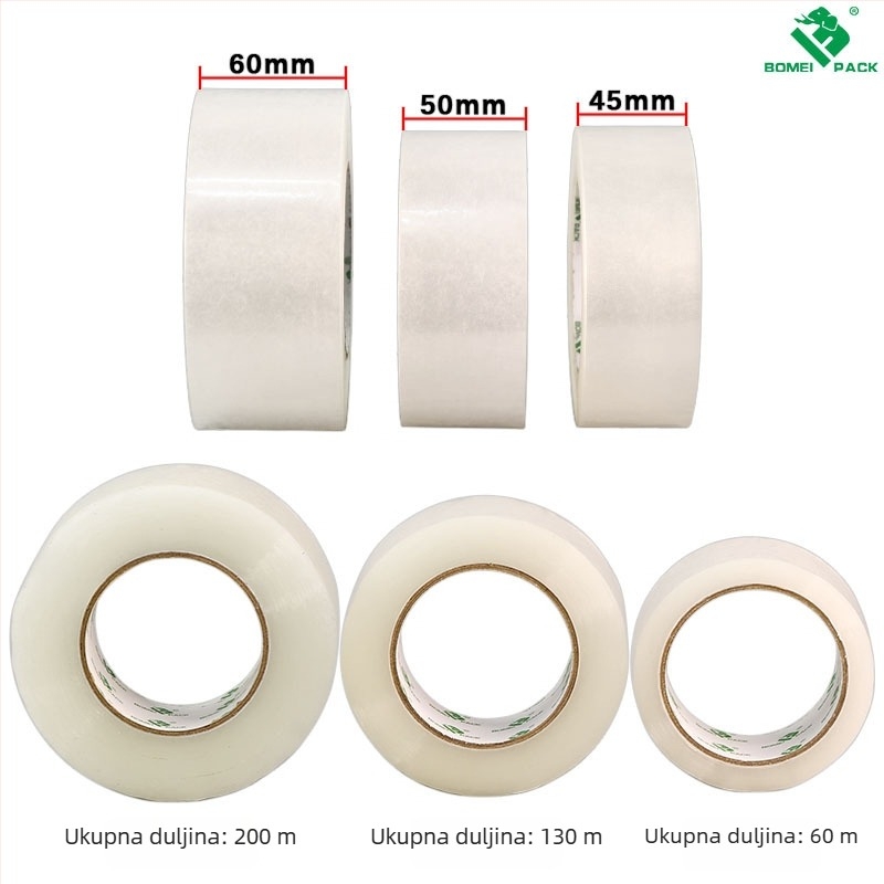 Bomeipack Prozirna ambalažna traka, 50 µm debljine, BOPP film, Ljepljiva traka za logistiku i ured, Širina 4.5–6 cm, Duljina 60–200 m, Prozirno bijela ili Prozirno žuta