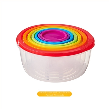 Plastične okrugle posude za pohranu hrane, set od sedam komada s dizajnom u bojama duge, pogodna za hladnjak i mikrovalnu.