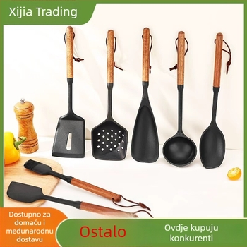 Set silikonih spatula s drvenom ručkom, otporan na visoke temperature, kuhinjski pribor, žlica za juhu i spatula za tavu