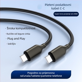 Kabel USB Type-C od cinkovog legura, pleteni, 240W brzo punjenje, kompatibilan s Apple i Huawei