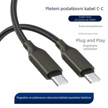 Kabel USB Type-C od cinkovog legura, pleteni, 240W brzo punjenje, kompatibilan s Apple i Huawei