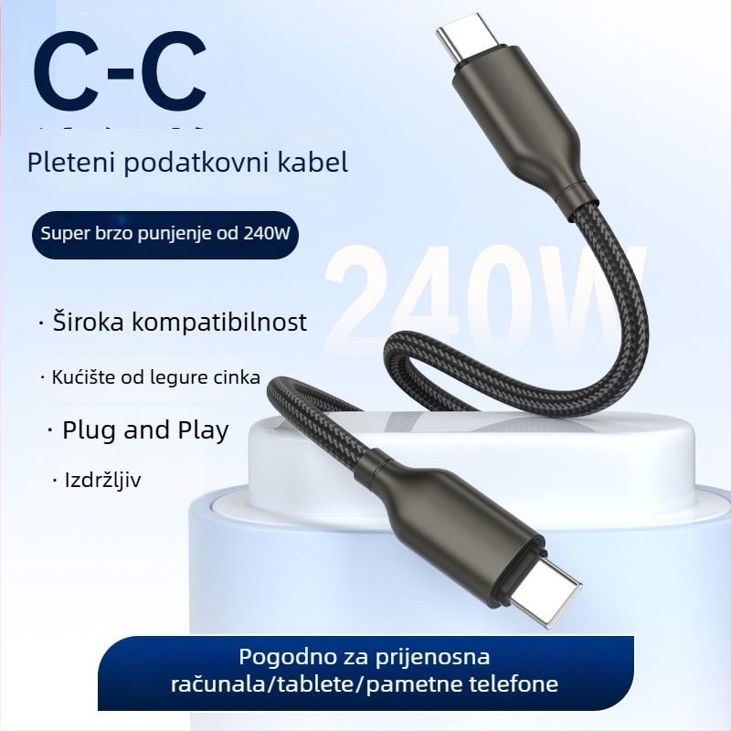 Kabel USB Type-C od cinkovog legura, pleteni, 240W brzo punjenje, kompatibilan s Apple i Huawei