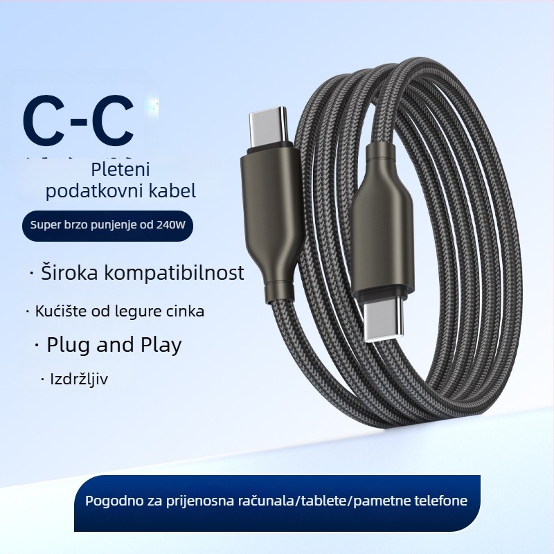 Kabel USB Type-C od cinkovog legura, pleteni, 240W brzo punjenje, kompatibilan s Apple i Huawei