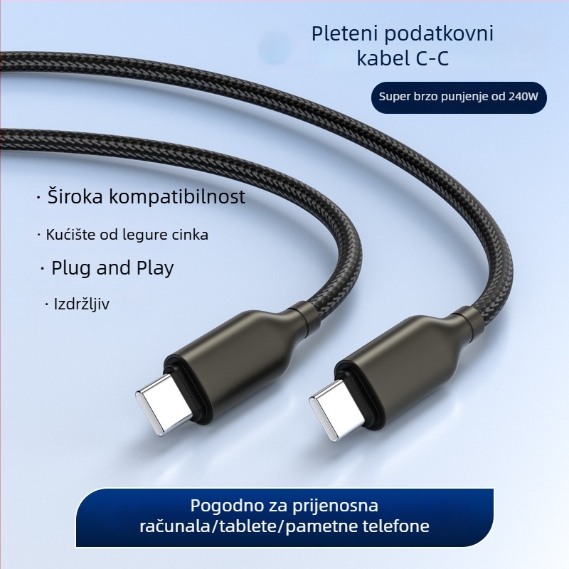 Kabel USB Type-C od cinkovog legura, pleteni, 240W brzo punjenje, kompatibilan s Apple i Huawei