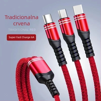 Pleteni kabel za brzo punjenje 6A s tri izlaza, 3-u-1 za Android, Type-C i Apple PD