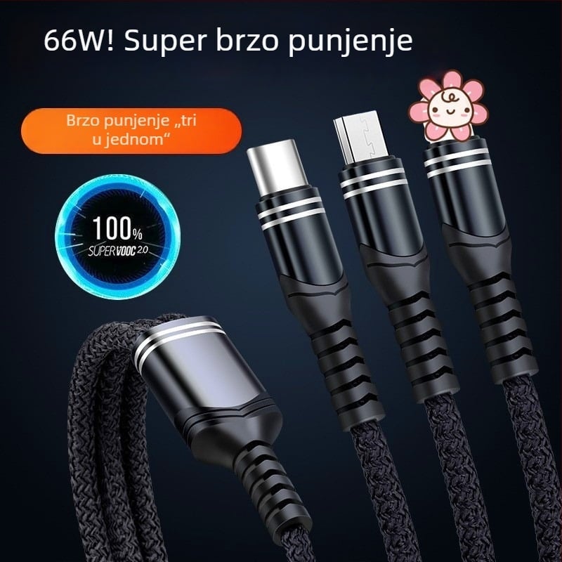 Pleteni kabel za brzo punjenje 6A s tri izlaza, 3-u-1 za Android, Type-C i Apple PD
