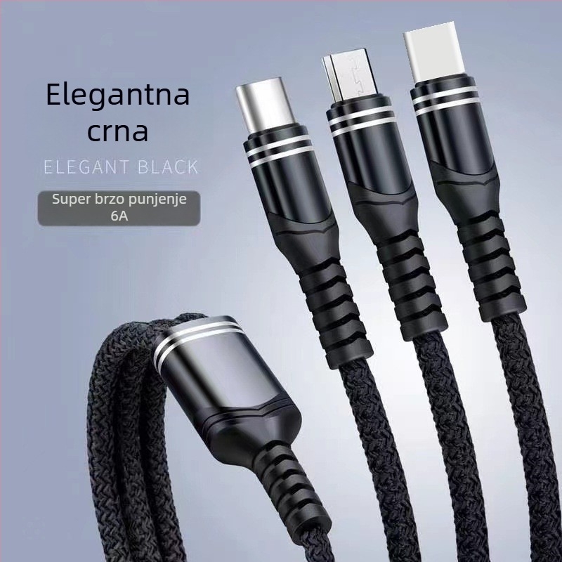 Pleteni kabel za brzo punjenje 6A s tri izlaza, 3-u-1 za Android, Type-C i Apple PD