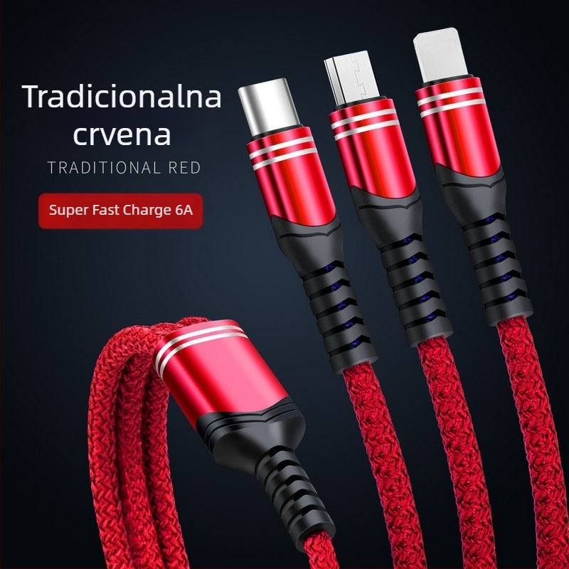 Pleteni kabel za brzo punjenje 6A s tri izlaza, 3-u-1 za Android, Type-C i Apple PD