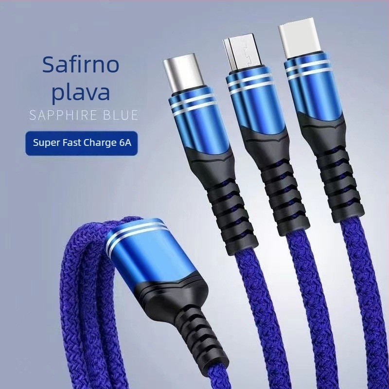 Pleteni kabel za brzo punjenje 6A s tri izlaza, 3-u-1 za Android, Type-C i Apple PD